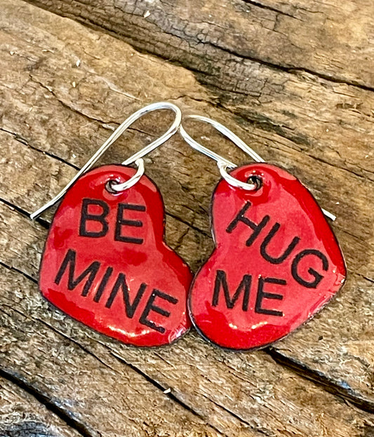 Conversation Heart Earrings, Enamel on Copper