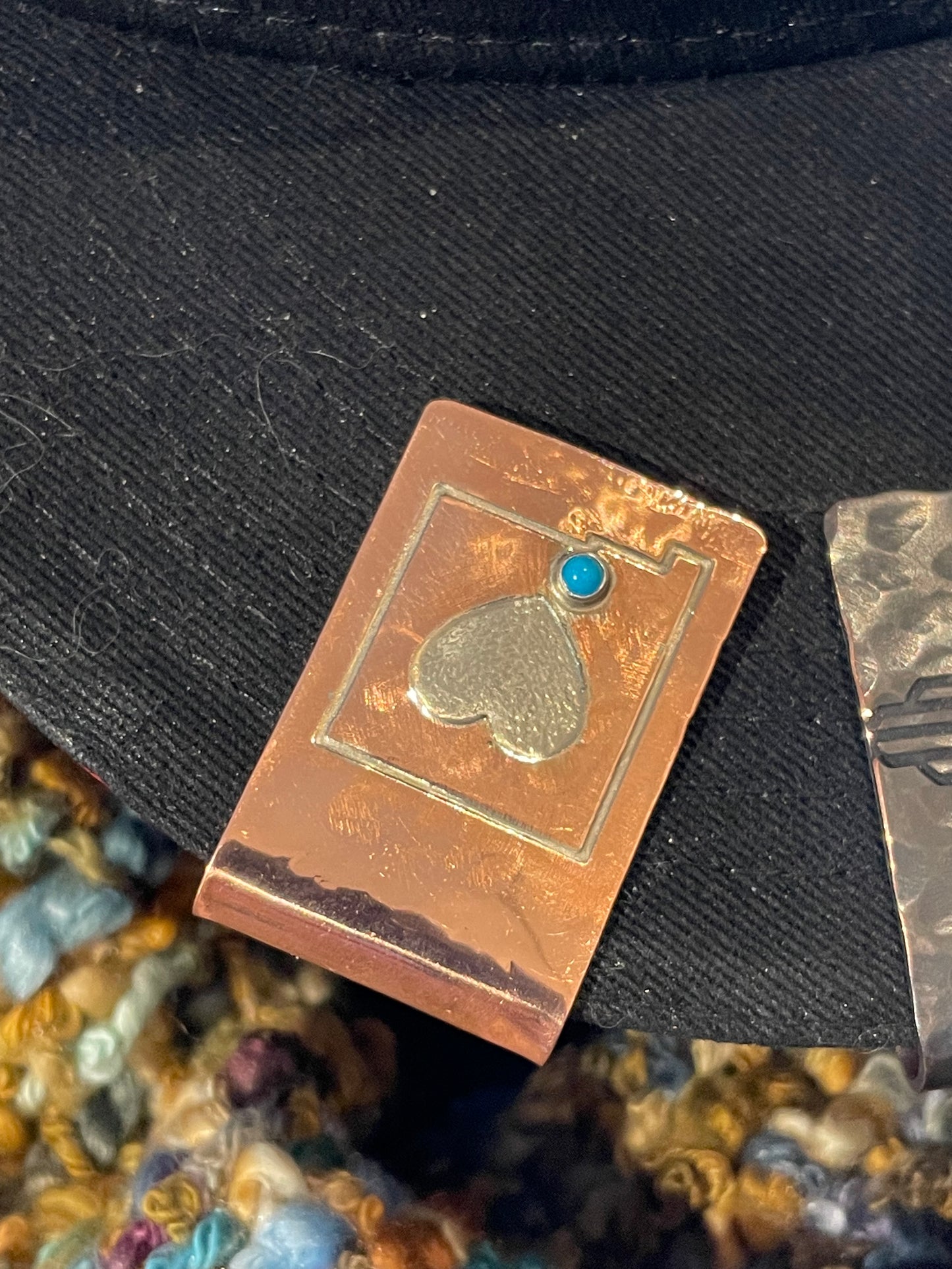 I Heart NM Hat Clip Forged Copper silver inlay and Kingman Turquoise