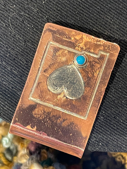 I Heart NM Hat Clip Forged Copper silver inlay and Kingman Turquoise